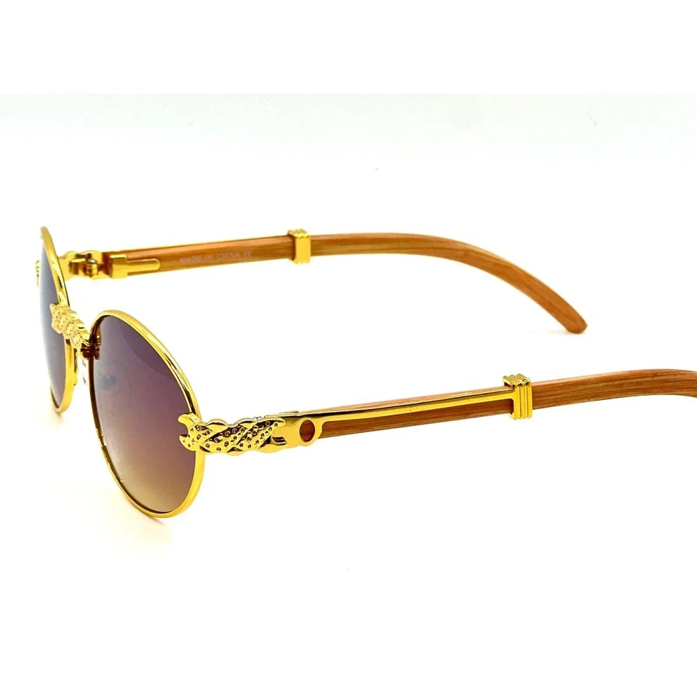 Retro Vintage Style Horn‎ Rim  Brown Lens Gold Round Fashion Driving Sunglasses